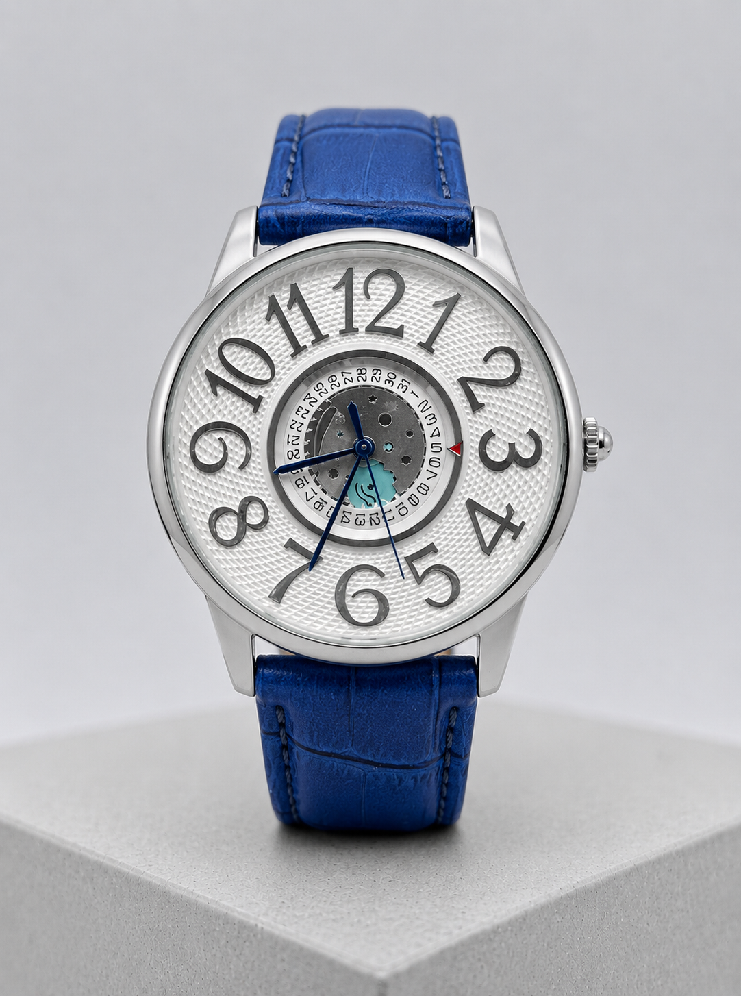 Blue Leather Skeleton Dial Watch