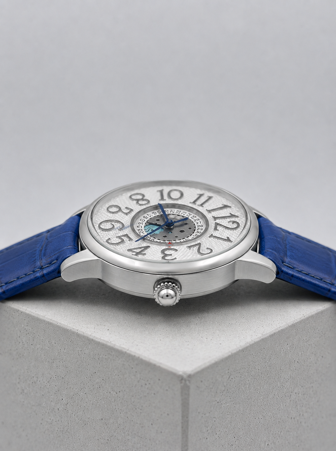 Blue Leather Skeleton Dial Watch