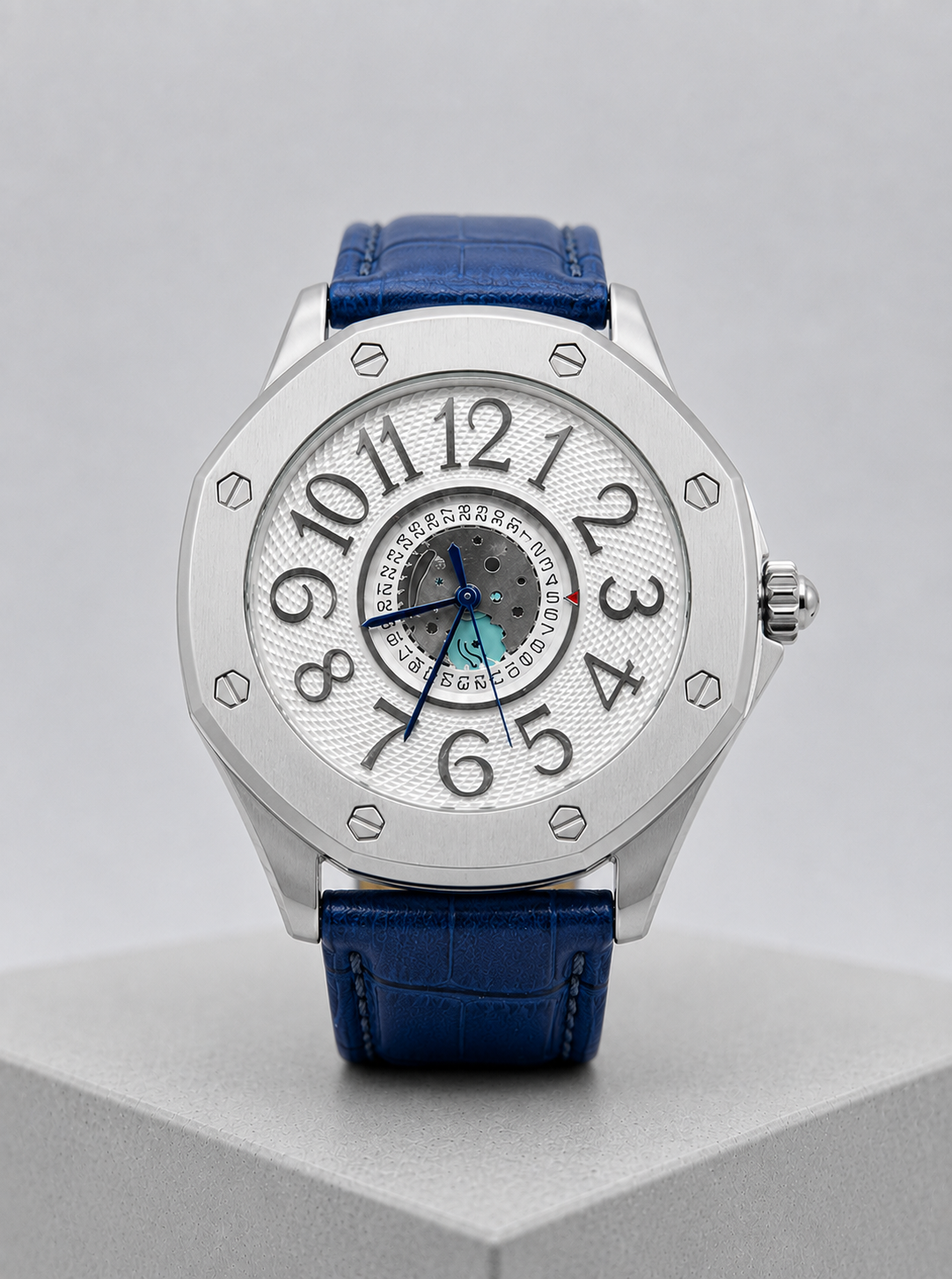 Blue Leather Skeleton Dial Watch