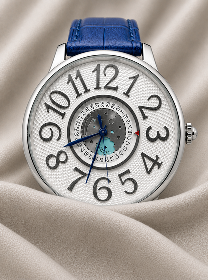 Blue Leather Skeleton Dial Watch